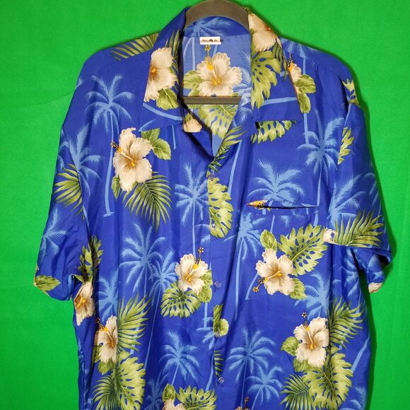 King Kameha Button Up Hawaiian Mens SS Blue Shirt 3XL Palm Tree Floral Tropical - Picture 1 of 5